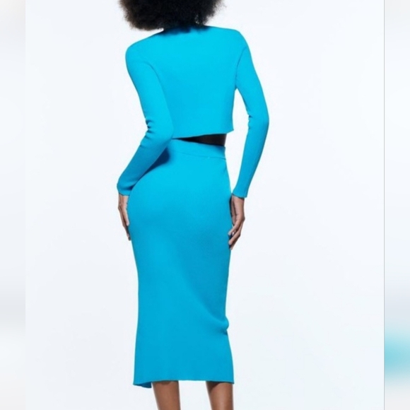 ZARA Ribbed Knit High-waist Midi Skirt w/ Elastic Waistband BackVent.Aqua Blue.M - Picture 4 of 16
